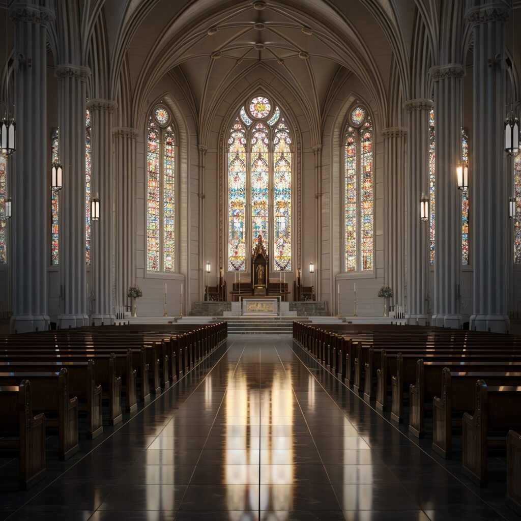 a beautiful church interior with stained glass windows
