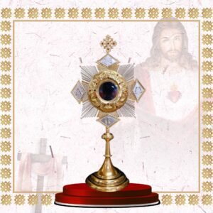 gold monstrance with diamond shaped accents