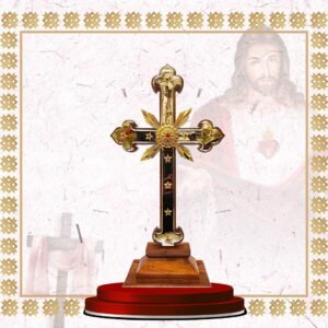 altar cross – gold & black enamel with wooden base